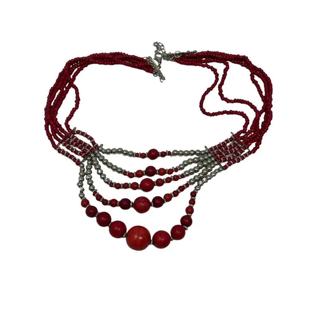 Cleopatra Choker Red‎ Silver Tone Beaded Statement Necklace